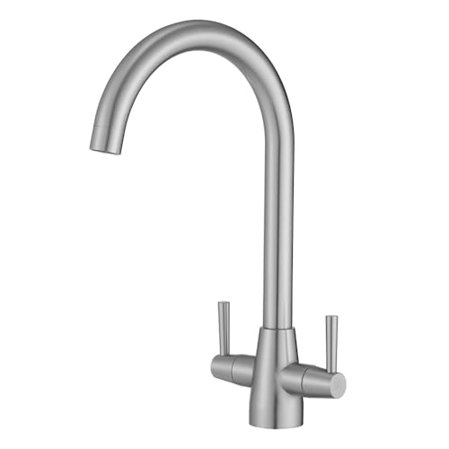 Heable Kitchen Mixer Tap Dual Lever Swivel Spout Brushed Nickel Sink Taps with UK Standard Fittings