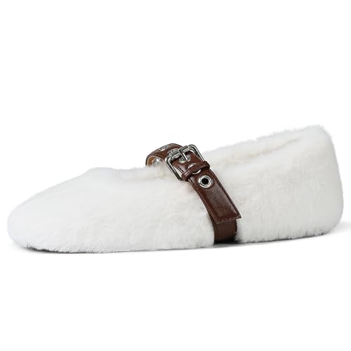 Fur Ballet Flats for Women Buckle Strap Mary Jane Shoes Comfy Ballerina Flats Casual Office Mary Janes Cute Faux Fur Flat Shoes for Women