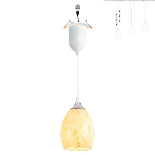 SKIVTGLAMP Can Lights Retrofit Recessed Light Pendants Compatible E26 Adapter for 4~5in Holes White Marble Grey Cloud Glass Shade Brushed Nickel Socket Adjustable Height T24 Connector Conversion Kit