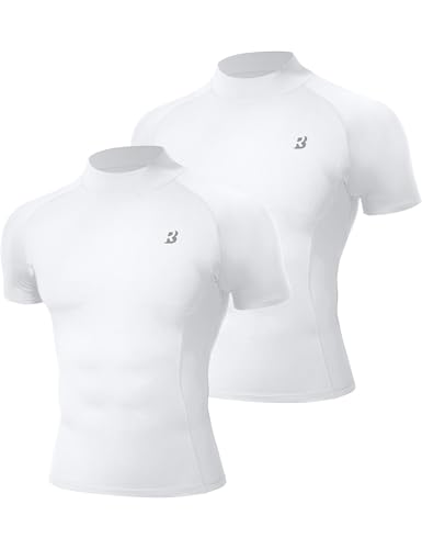 Roadbox 2 Pack Men's Compression Shirt Short Sleeve, Mock Turtleneck Athletic Undershirt, Cool Dry Base Layer Top for Workout