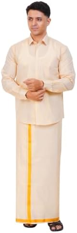 Men's Traditional Indian Shirt and Dhoti Set, Full Sleeves Tissue Silk Cotton Shirt With Dhoti 2 metres for men