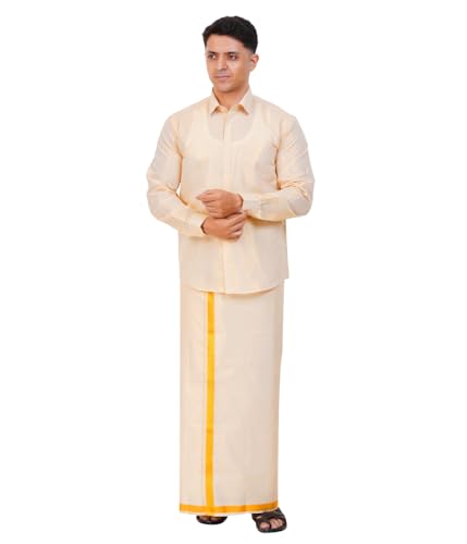 Image of Men's Traditional Indian Shirt and Dhoti Set, Full Sleeves Tissue Silk Cotton Shirt With Dhoti 2 metres for men