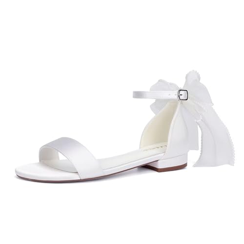 Comfortable Wedding Shoes for Bride Flat Wedding Sandals Open Toe Bridal Flats with Bow