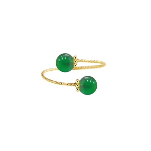 Double Hetian Jade Wrap Open Statement Ring for Women Lucky Green Natural Gemstone Finger Adjustable Gold Plated Thin Band Rings Good Luck Round Dainty Stacking Wedding Valentine Fashion Jewelry Gift