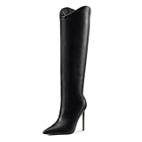Elisabet Tang Women's Knee High Boots Pointed Toe Tall Boots 4 In Stiletto Heel Stylish Wide Calf Slip on High Heel Booties for Women Winter Long Boot Shoes Black Size 7