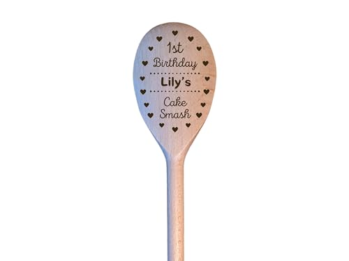 LunaTastic Gifts Personalised Name Date Cake Smash Wooden Spoon Gift - Engraved 1st Birthday Celebration Photo Prop - Keepsake Memory Present for Baby Boy Girl - 30cm Long - Heart Circle