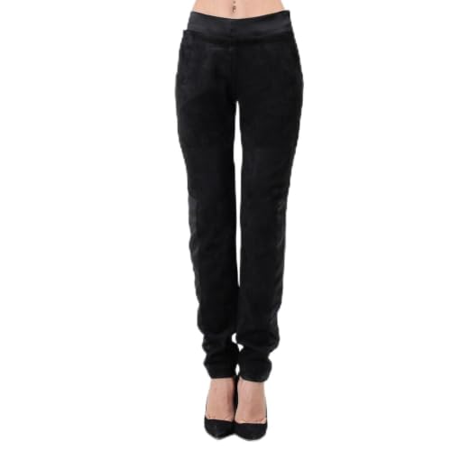 Pantalon droit en daim et satin noir fluide taille haute