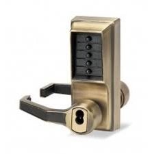 Kaba Simplex L1000 Series Metal Mechanical Pushbutton Cylindrical Lock with Lever, Key Override, Floating Face Plate, Core Not Included, Antique Brass Finish