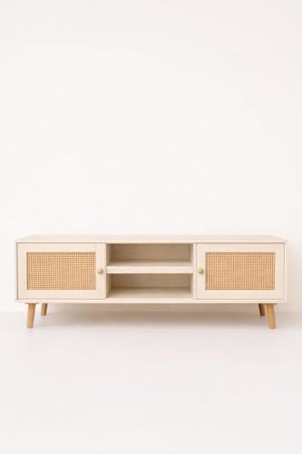 Image of Premium Solid Wood, 10 Minutes Assembly (Legs Only), Aesthetic Rattan Doors, Mid Century Entertainment Center for Living Room, TV Stand for 65 inch TV, Dark Chocolate (Love S (L144))