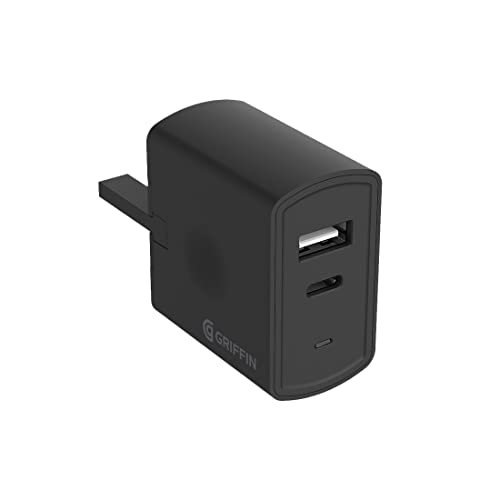 Griffin Dual USB-C 15W and USB-A 18W Wall Charger UK Plug - Black