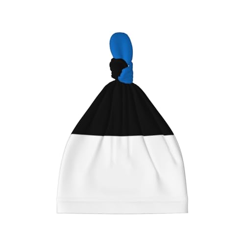 Flag of Estonia Print Newborn Baby Hat, Soft Top Knotted Beanie Cap, Cute Infant Headwear for 0-6 Months Welcome Party Black