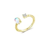 RDSGYZ Anillos de compromiso con piedra lunar de 14 quilates para mujer, oro amarillo real, anillos de compromiso con piedra lunar y diamante, anillo de boda abierto de aniversario, talla M 1/2