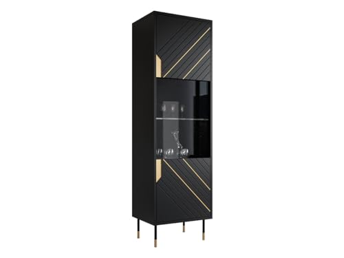Mirjan24 Vitrina Murni 54, patas de metal, elementos lacados en oro, 54 x 180 x 40 cm, vitrina de cristal, armario de salón con compartimentos, armario alto (negro/negro + oro)