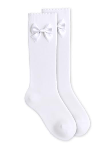 Jefferies Socks Girls' Satin Bow Scallop Lace Trim Cotton Knee High Socks 1 Pair Pack