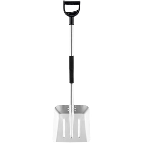 Harrms Pala de nieve grande de aluminio, 31 x 33 cm, resistente con mango de acero inoxidable de 130 cm de largo, pala de nieve para invierno, pala de jardín con mango en D para jardín