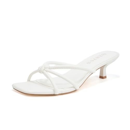 Womens Spaghetti Strap Square Open Toe Kitten Heel High Heel Sandals Knot Design Summer Fashion Slippers Heel Height 1.8~2 inches (White Adult Women 9 Numeric US Footwear Size System Medium)
