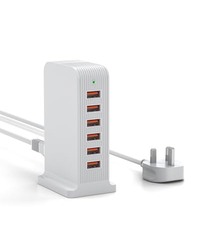 Qurzou USB Charger,50W Multi Charger 6 Port USB Tower Charging Station for iPhone 15/14/13 Pro/Pro Max,Samsung,iPad,Android,iOS etc(white)