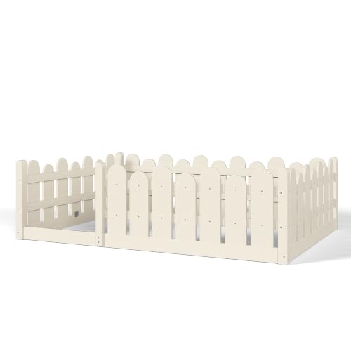 Image of Bellemave Full Size Kids Montessori Floor Bed,Floor Bed Frame with Rounded Safety Guardrail,Solid Wood Montessori Bed for Girls Boys,Beige