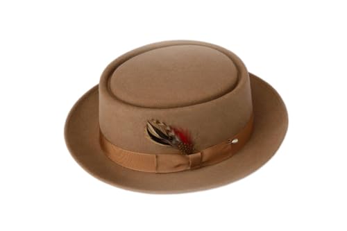 New Mens 100% Wool Camel (Tan/Beige) Porkpie (Pork Pie) Hat