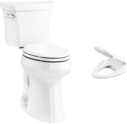 KOHLER 25224-0 Highline Tall Toilet, Elongated Water Saving Toilet, 2" Taller Than ADA Comfort Height, White & Elongated Warm Bidet Toilet Seat, White with Quiet-Close Lid, 8298-0