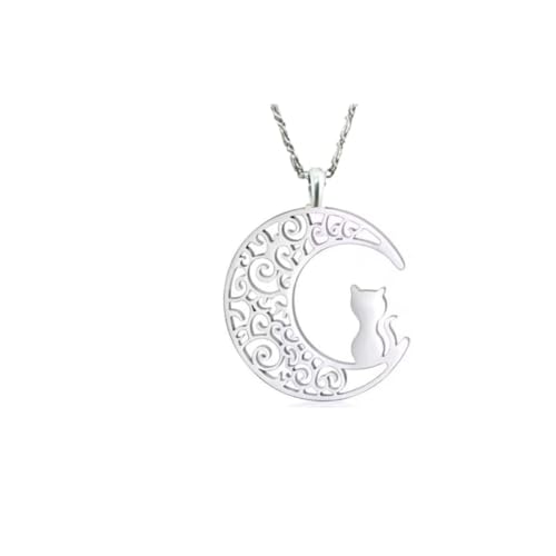 Colar Gato Na Lua - Aço Inox Corrente 45cm Ajustável Prateado Unissex