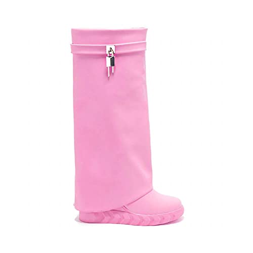 keleimusi PadLock Fold Over Knee High Biker Denim Jeans Boots for Women2