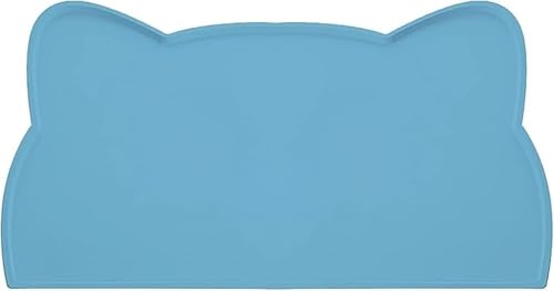 ペットダイニングマット 猫犬用 シリコン防水滑り止め かわいい猫ミミ頭形ボウルマット 餌やりマット (ブルー)