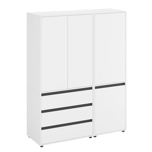 KOMTO Kleiderschrank Groß in Weiß - Schrank Schlafzimmer Kinderzimmer Mehrzweckschrank mit 4-türig & 3 Schubladen Garderobenschrank Flur | Drehtürenschrank Cube 150 x 192 x 53 cm