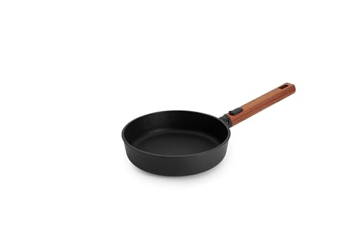 Woll Eco Logic QXR   Sartén plana de hierro fundido (inductiva, diámetro de 20 cm, 5 cm de alto, con mango de madera sostenible extraíble, apta para todo tipo de cocinas, sin PFAS, revestimiento