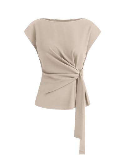 BTFBM Womens Tops Summer 2026 Cap Sleeve Crew Neck Tie Waist Blouses Dressy Casual Business Work Clothes Spring Fashion(Apricot, Medium)