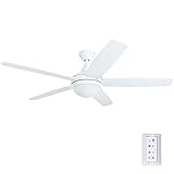 Prominence Home 80094-01 Ashby Ceiling Fan with Remote Control and Dimmable Integrated LED Light Frosted Fixture, 52' Contemporary Indoor, 5 Blades White/Grey Oak, Farmhouse White