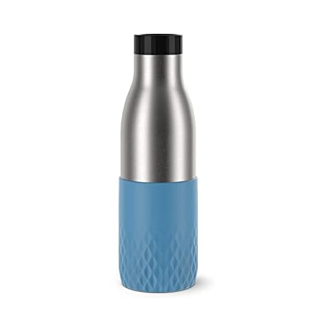Emsa N31107 Bludrop Sleeve Drinking Bottle, 0.5 litres, 100% Leak-Proof, Quick-Press Closure, Ergonomic 360° Drinking Enjoyment, 12 Hours Warm, 24 Hours, Dishwasher Safe Stainless Steel, Aqua Blue Cover