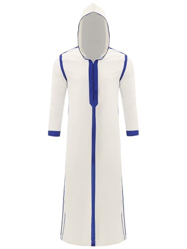 Mens Long Sleeve Islamic Muslim Loose Fit Robe Hoodie Printed Thobe for Daily Wear Party