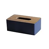 Tissue Box with Bamboo Cover,Plastic Tissue Organizer,Bathroom Tissue Dispenser for Home,Bedroom,Office,Living Room,8.1×4.6×2.9 in (Navy Blue)