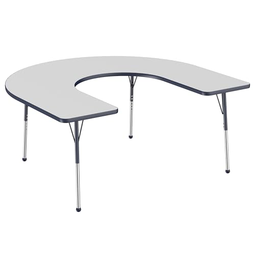 Image of FDP Horseshoe Activity School and Office Table (60 x 66 inch), Standard Legs with Ball Glides for Collaborative Seating Environments, Adjustable Height 19-30 inches - Gray Top and Navy Edge