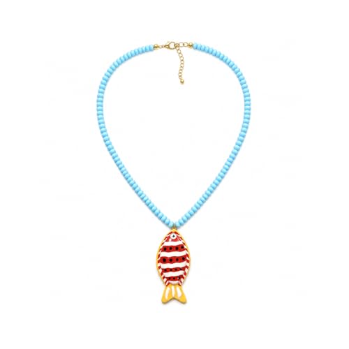DIOWUS Fish Pendant Necklace For Women Boho Summer Exaggerated Marine Animal Blue Acrylic Resin Beaded Y2k Charm Necklaces Fashionable Beach Vacation Gifts Jewelry (Long+Blue Bead+Orange Fish)