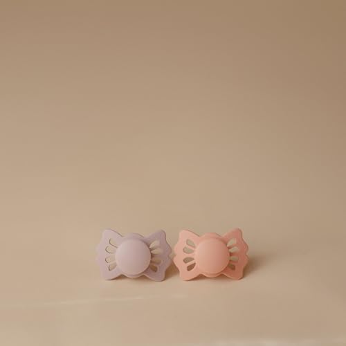 Image of FRIGG Lucky Symmetrical SilkySoft Silicone Baby Pacifier | Made in Denmark | BPA-Free (Soft Lilac /Pretty in Peach, 0-6 Months)