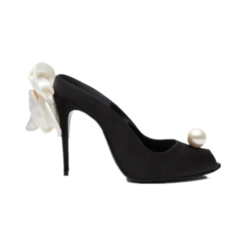 VERISSON Peep Toe Slip on Pump Sandals Embellished with Backside Rose Flowers and Front Pearls Stiletto Heels Pumps Satin Shoes for Party Wearing