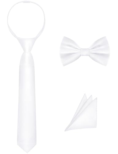 AmazingSea Boys Bow Tie and White Tie Set Pre-tied Adjustable & Skin Friendly 3-Piece Wedding School Party Set for Teen with Pocket Handkerchief (White Teen)