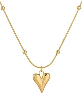 Heart Pendant Necklace, 18k Gold Plated Stainless Steel, Beaded Chain