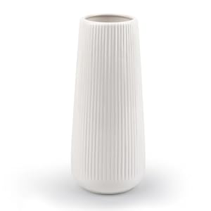 Vase en céramique Blanc -Vase decoratif pour Fleurs – Vase Decoration avec rainures -Vase Moderne pour Herbe de la Pampa – Petit Vase pour la Maison, Le Salon, la Table à Manger, l’entrée, Le Bureau