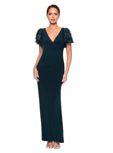 Image of Betsy & Adam Women's Flutter Sleeve Sequin Embellished V-Neck Maxi Dress, Pine, 6