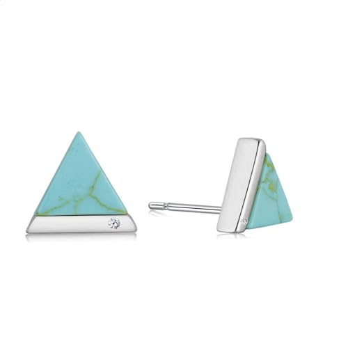 Sterling Silver Natural Turquoise Stud Earrings, 1/10cttw Diamond and Triangle Cut Turquoise Stud Earrings Jewelry Gift for Women2