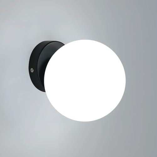 Goeco Lampada da Parete Interno, Applique da Parete Moderna, Paralume a Sfera in Vetro Dia.15cm, Base in Metallo Nero, Portalampada E27 per Camera da Letto e Soggiorno, Max.40W(Senza Lampadina)