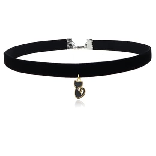 Dreuyet Colar gargantilha de gato preto para mulheres e meninas vintage de veludo preto com pingente de estrangulamento gótico steampunk animal colar joias presentes de Halloween, Veludo, Sem Pedra