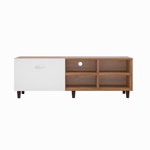 Image of VIKI Modern TV Unit for Living Room | Engineered Wood TV Cabinet with 1 Drawer Storage & 2 Open Shelves, Entertainment Unit, 140W x 48H x 40D cm | DIY | 1 Year Warranty (Walnut & White)