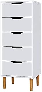 Panana Chest of Drawers, Wood 5 Drawers Cabinet Narrow Storage Organiser Unit with Wooden Legs for Living Room Bedroom White