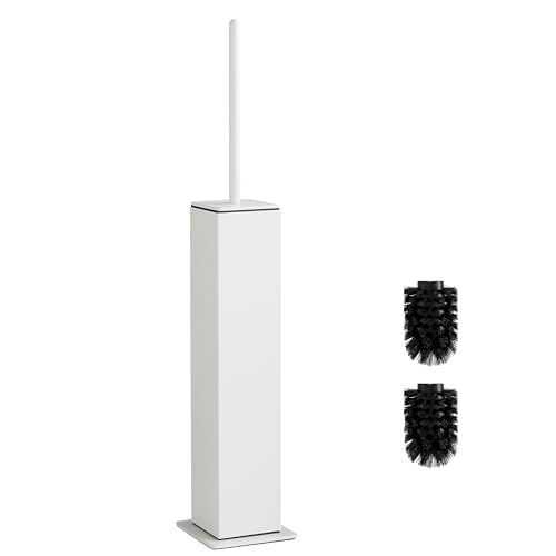 BVL Toilet Brush, White, Metal Toilet Brush Including 2 Brush Heads, Slim Design Toilet Brush, Square for the Bathroom