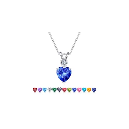 Iefil Heart Birthstone Necklaces for Women - S925 Sterling Silver Necklace 1.2 Ct Genuine or Created Birthstone Jewelry Birthday Gifts for Women