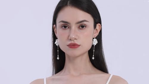 Kruckel Pearl Flower Long Drop Dangling Earrings - Cute Sparkly Golden Stud Lightweight Women Jewelry, White Petal Dangles, Easy - Wear Fashion Design Accessory with Durable Jewelry Box4